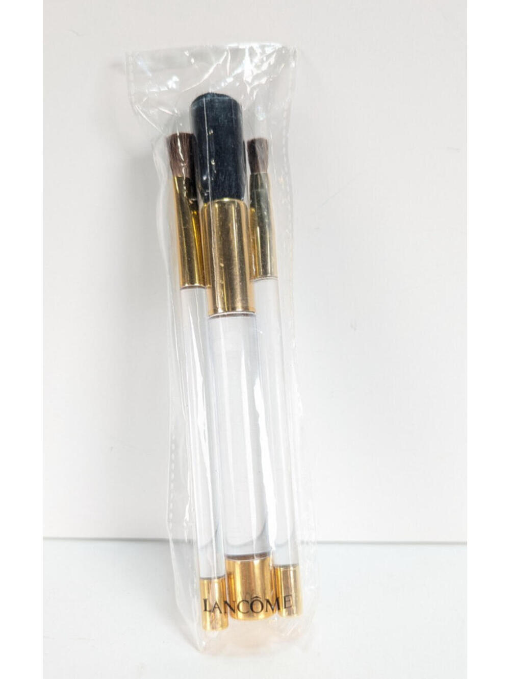 Lancome Makeup Brush Set of 3 Powder Eye Lip Brushes New Clear Handles Gold Tips
